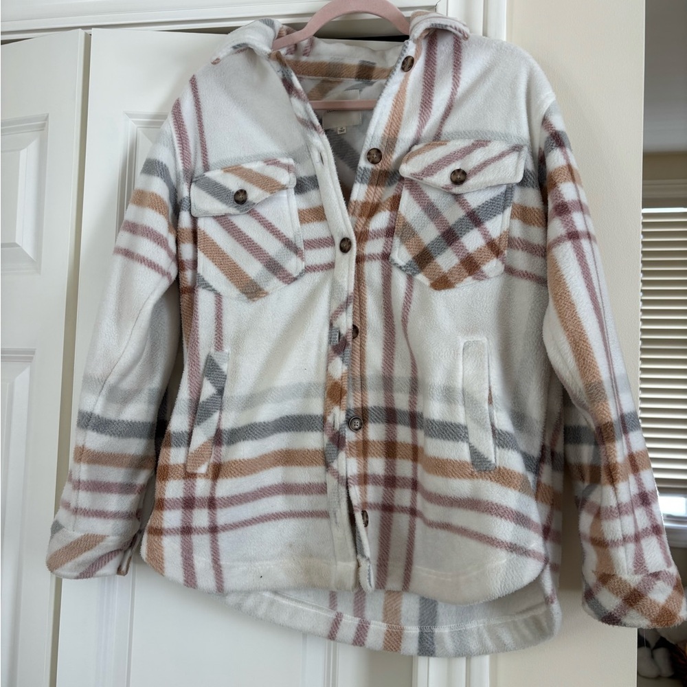 Ultra Flirt Cream Plaid Sherpa Shacket with Blush and Gray Stripes